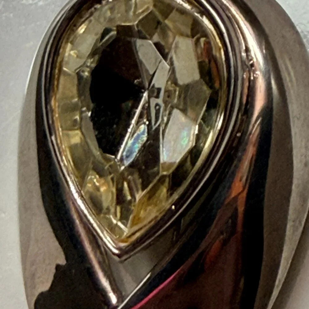 Vintage Modernist Silver‎ Tone Brooch Large Teardrop Crystal Statement Pin 80s